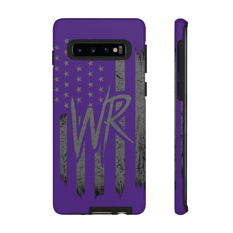 Purple 'WR' flag tough phone case by Printify with a durable design and vibrant color, showcasing the flag pattern.