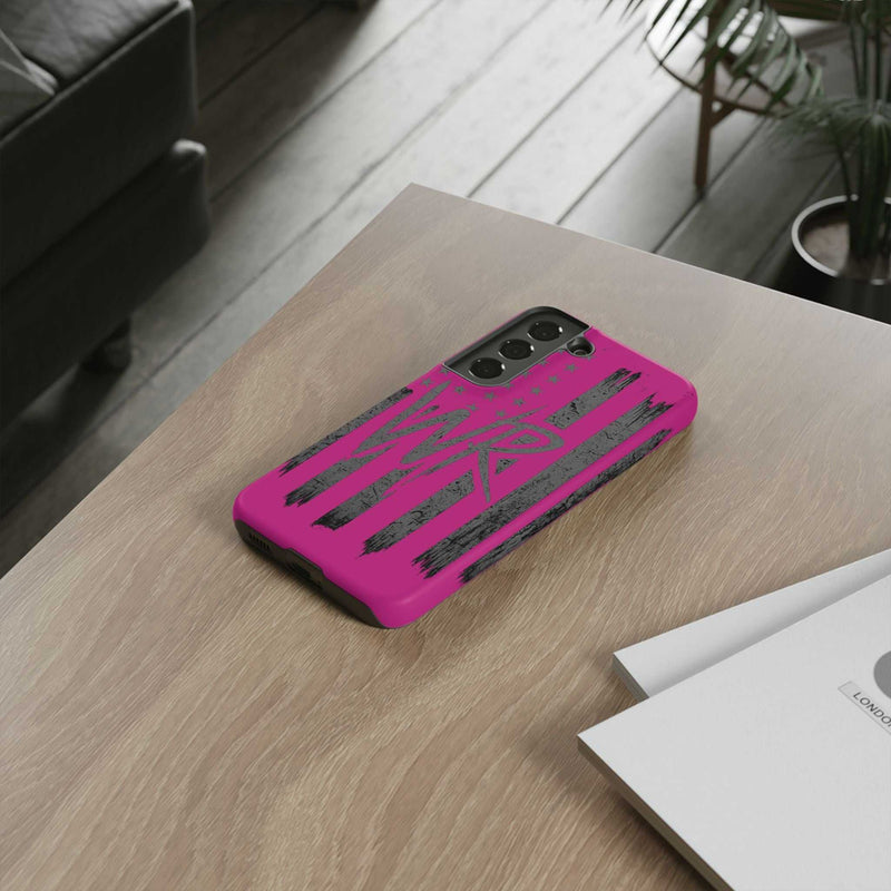 Pink 'WR' Flag Tough Phone Case by Printify, featuring a durable design with a vibrant flag pattern.