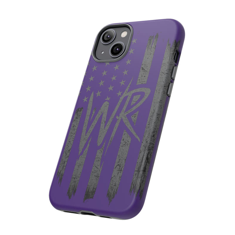 Purple 'WR' flag tough phone case by Printify, showcasing durable design and vibrant colors on a smartphone.