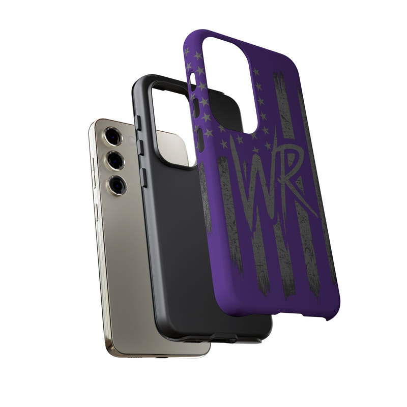 Purple 'WR' flag tough phone case by Printify, featuring a durable design and vibrant colors for protection and style.