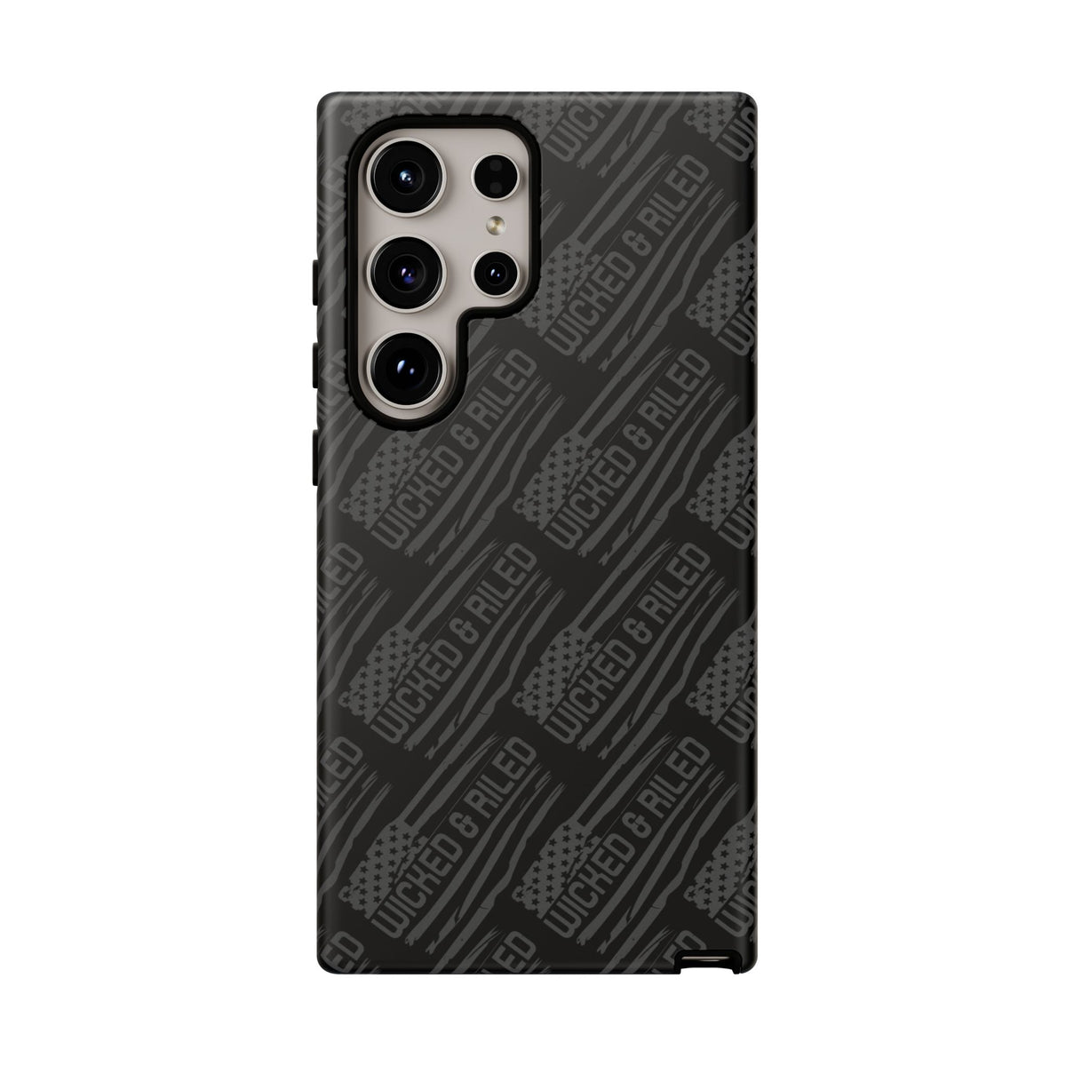 Rugged black protective phone case by Printify with a textured "TOUGH CASES" pattern for enhanced grip and durability.