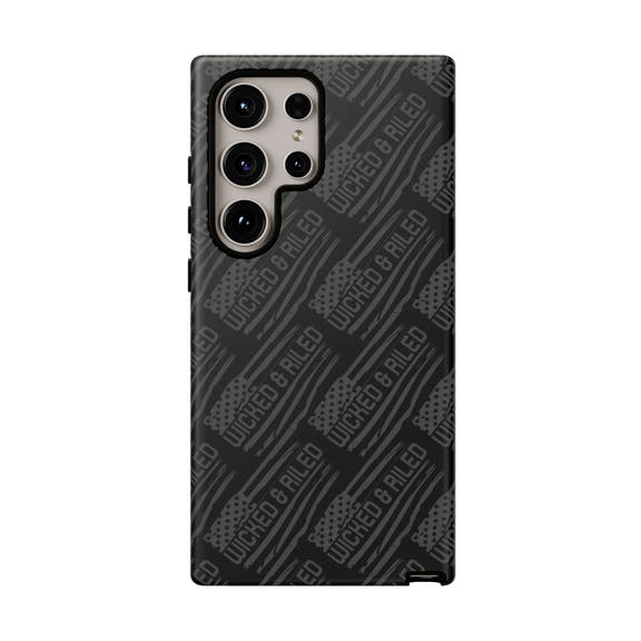 Rugged black protective phone case by Printify with a textured "TOUGH CASES" pattern for enhanced grip and durability.