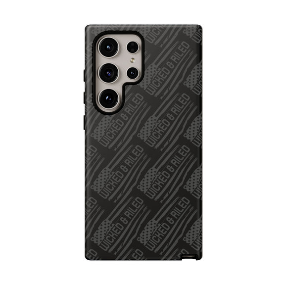 Rugged black protective phone case by Printify with a textured "TOUGH CASES" pattern for enhanced grip and durability.