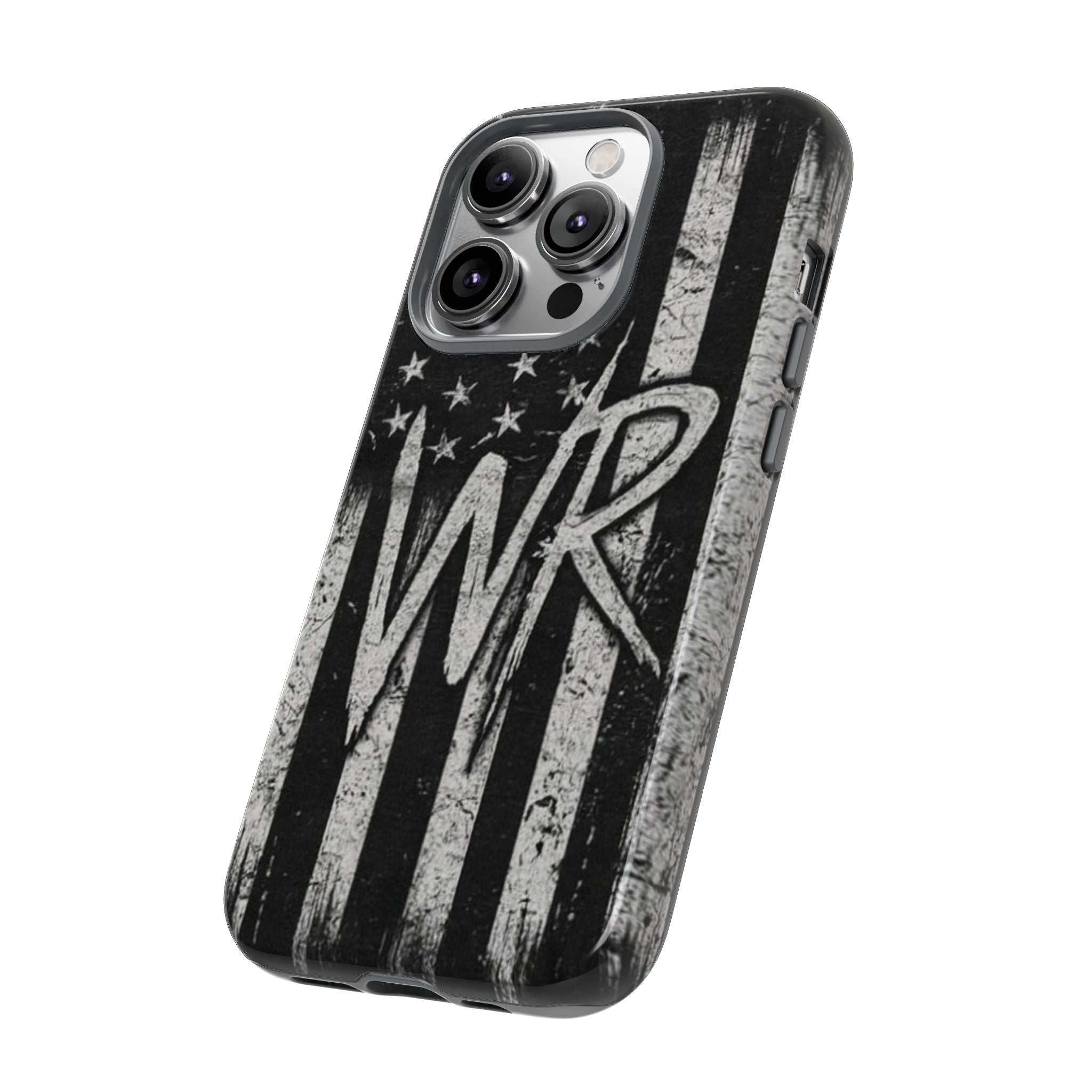 Distressed American flag design on a Patriotic Monogram Tough Phone Case with initial WR by Printify.