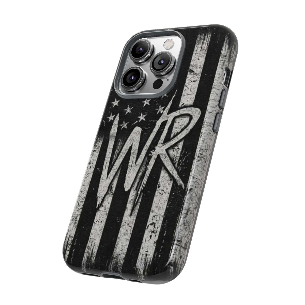 Distressed American flag design on a Patriotic Monogram Tough Phone Case with initial WR by Printify.