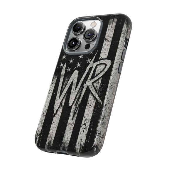 Distressed American flag design on a Patriotic Monogram Tough Phone Case with initial WR by Printify.