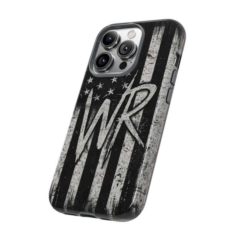 Distressed American flag design on a Patriotic Monogram Tough Phone Case with initial WR by Printify.