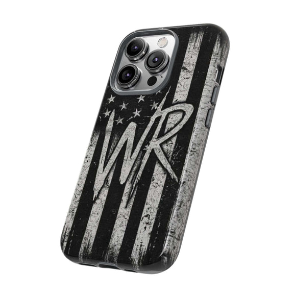 Distressed American flag design on a Patriotic Monogram Tough Phone Case with initial WR by Printify.