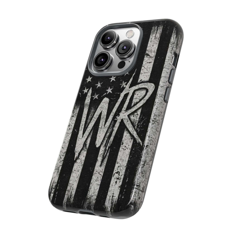 Distressed American flag design on a Patriotic Monogram Tough Phone Case with initial WR by Printify.