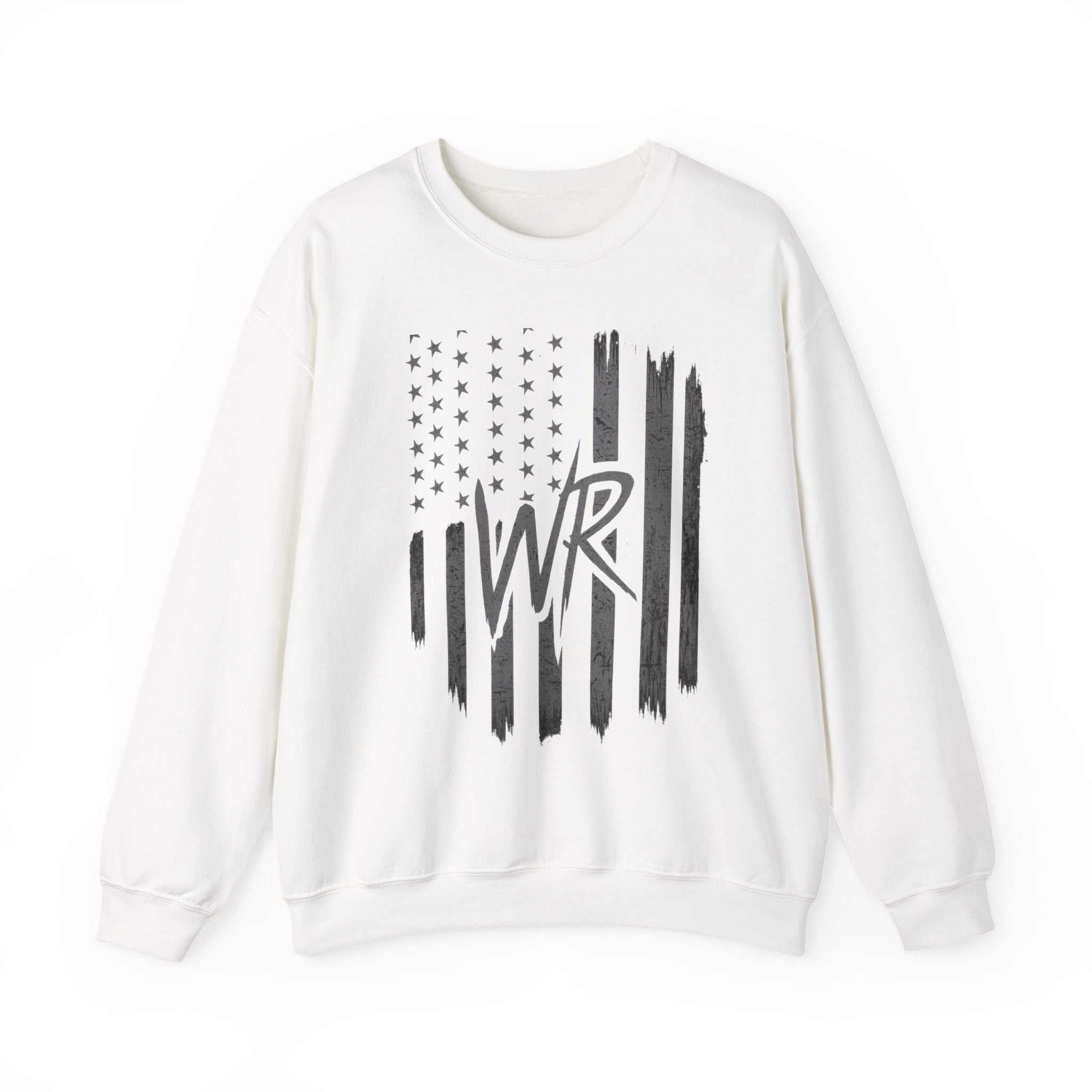 Distressed American Flag crewneck sweatshirt with WR monogram, featuring a comfortable pullover design by Printify.