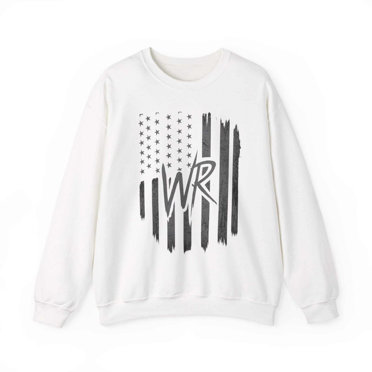Distressed American Flag crewneck sweatshirt with WR monogram, featuring a comfortable pullover design by Printify.