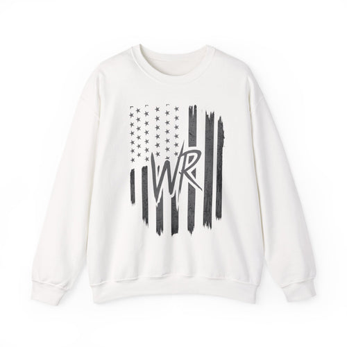 American Flag Crewneck Sweatshirt with WR Monogram — Distressed Patriotic Pullover