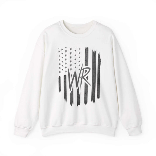 Distressed American Flag crewneck sweatshirt with WR monogram, featuring a comfortable pullover design by Printify.