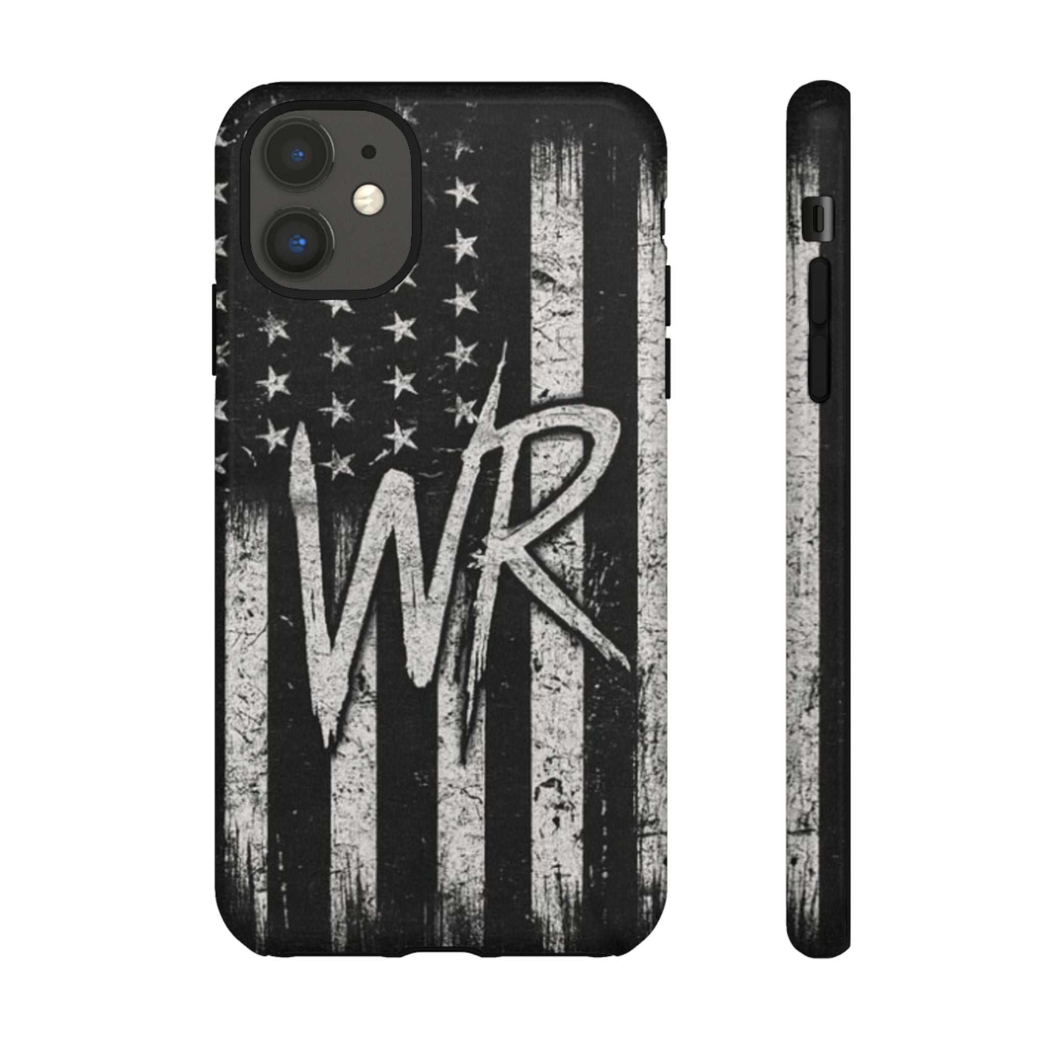 Distressed American flag design on a Patriotic Monogram Tough Phone Case featuring the initials WR by Printify.