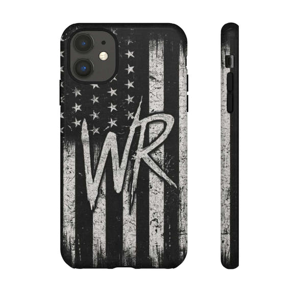 Distressed American flag design on a Patriotic Monogram Tough Phone Case featuring the initials WR by Printify.