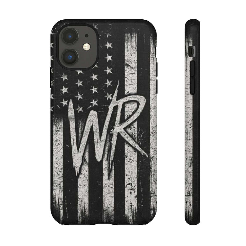 Distressed American flag design on a Patriotic Monogram Tough Phone Case featuring the initials WR by Printify.
