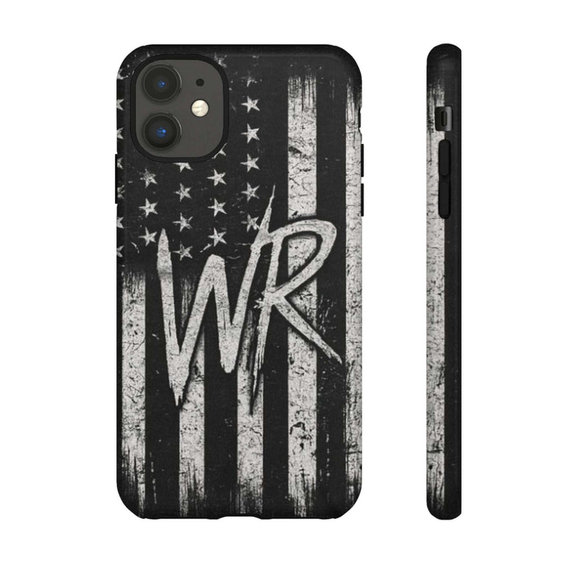 Distressed American flag design on a Patriotic Monogram Tough Phone Case featuring the initials WR by Printify.
