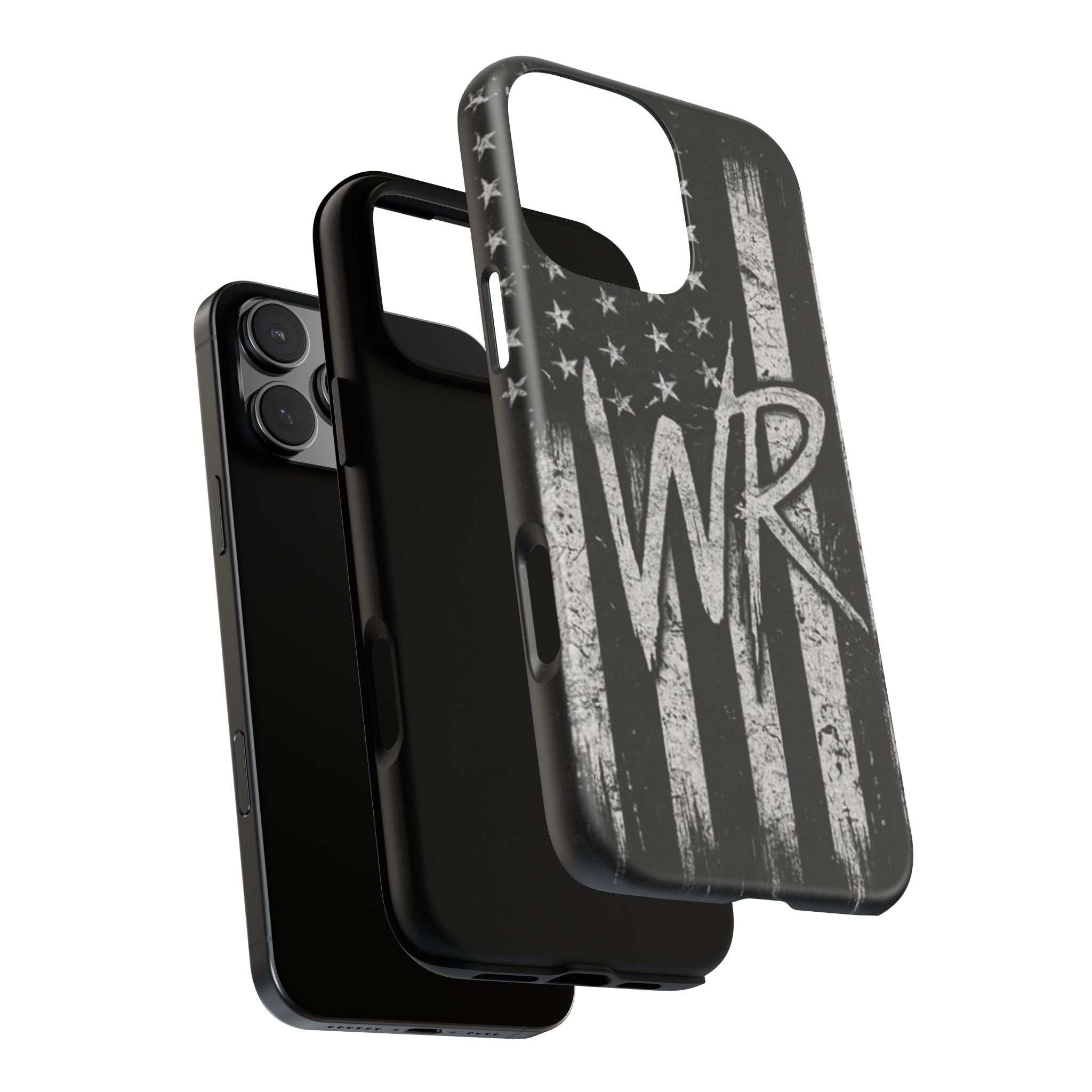 Distressed American flag design on a Patriotic Monogram Tough Phone Case featuring the initials WR by Printify.