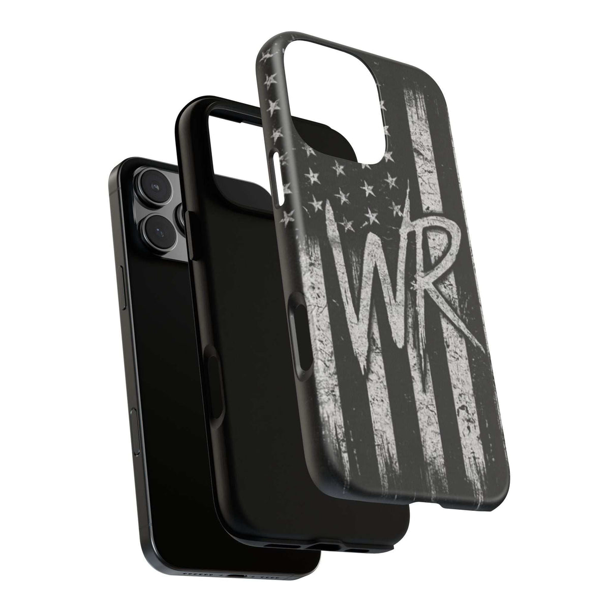 Distressed American flag design on a Patriotic Monogram Tough Phone Case featuring the initials WR by Printify.