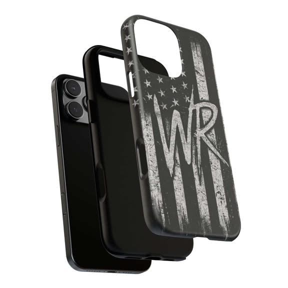 Distressed American flag design on a Patriotic Monogram Tough Phone Case featuring the initials WR by Printify.