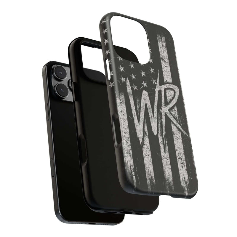 Distressed American flag design on a Patriotic Monogram Tough Phone Case featuring the initials WR by Printify.