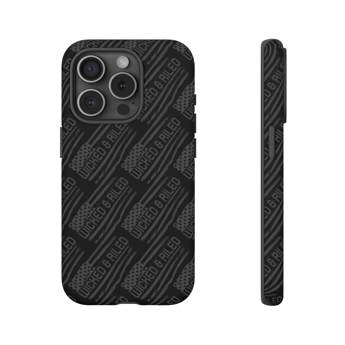 Rugged black protective phone case by Printify with textured "TOUGH CASES" pattern for enhanced grip and durability.