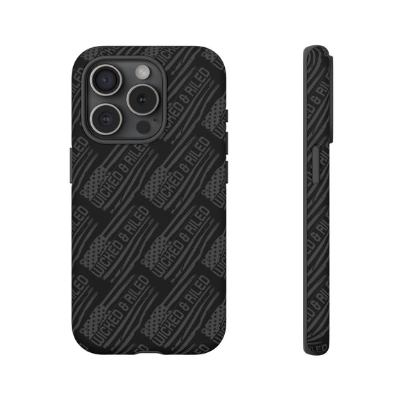 Rugged black protective phone case by Printify with textured "TOUGH CASES" pattern for enhanced grip and durability.