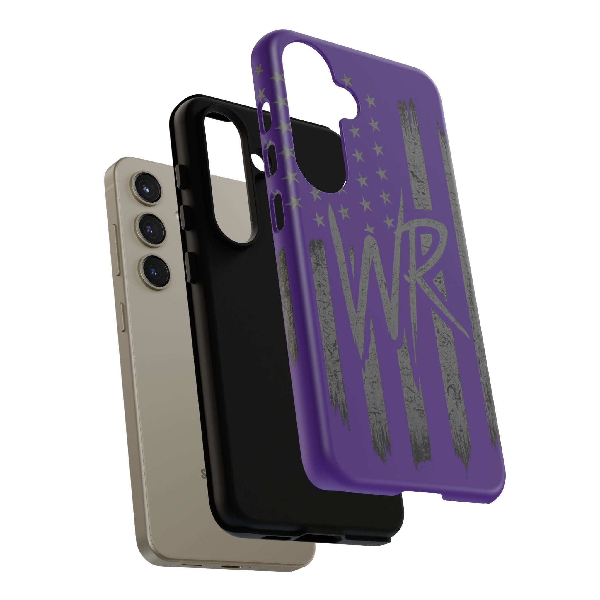 Purple 'WR' flag Tough Phone Case by Printify, showcasing a durable design with a vibrant flag print on a sleek case.