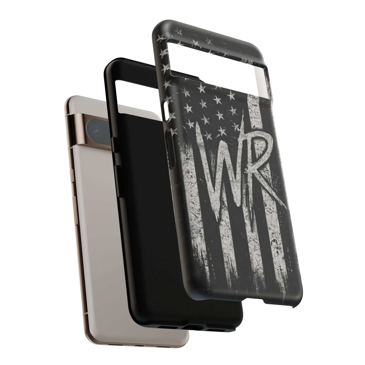 Distressed American flag phone case featuring a monogram "WR" by Printify, designed for tough protection.
