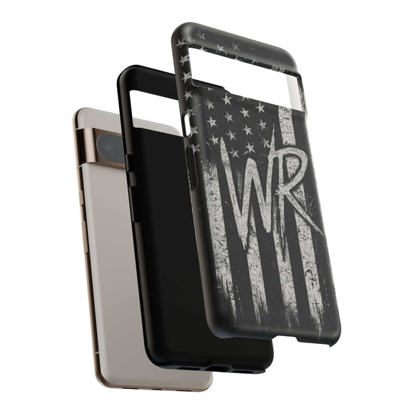 Distressed American flag phone case featuring a monogram "WR" by Printify, designed for tough protection.