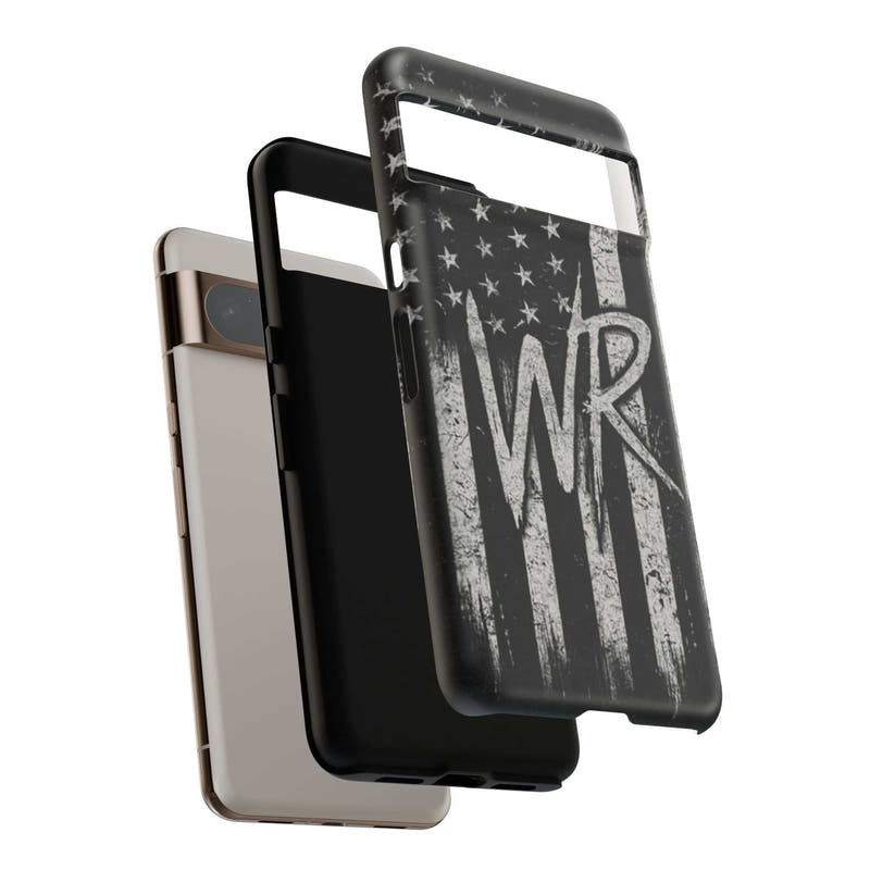 Distressed American flag phone case featuring a monogram "WR" by Printify, designed for tough protection.