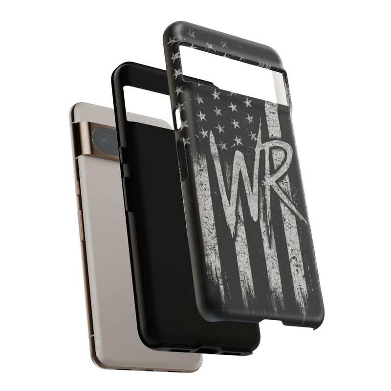 Distressed American flag phone case featuring a monogram "WR" by Printify, designed for tough protection.