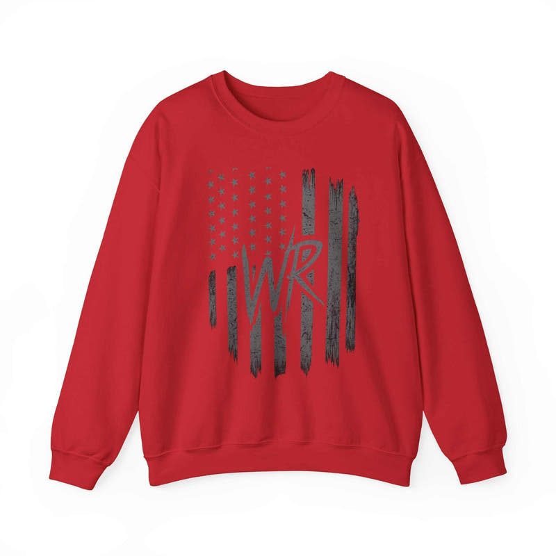 American Flag Crewneck Sweatshirt by Printify featuring a distressed patriotic design and WR monogram on the front.
