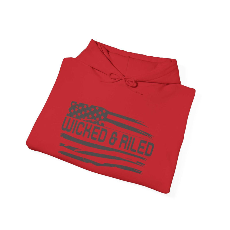Distressed American logo pullover hoodie by Printify, featuring a cozy fit and unique graphic design.