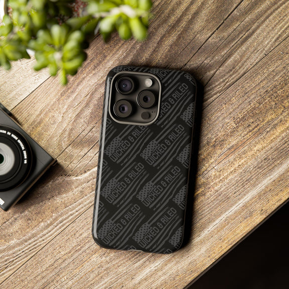Rugged black protective phone case by Printify featuring a textured TOUGH CASES pattern for enhanced grip and durability.