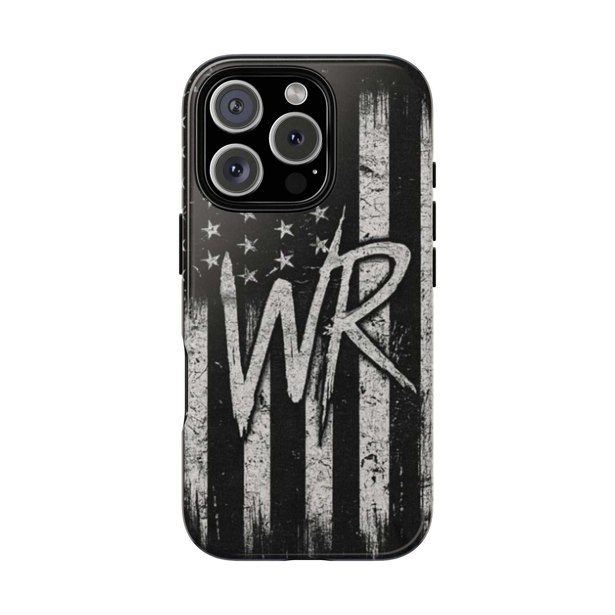 Distressed American flag design on a Patriotic Monogram Tough Phone Case featuring the letters WR by Printify.