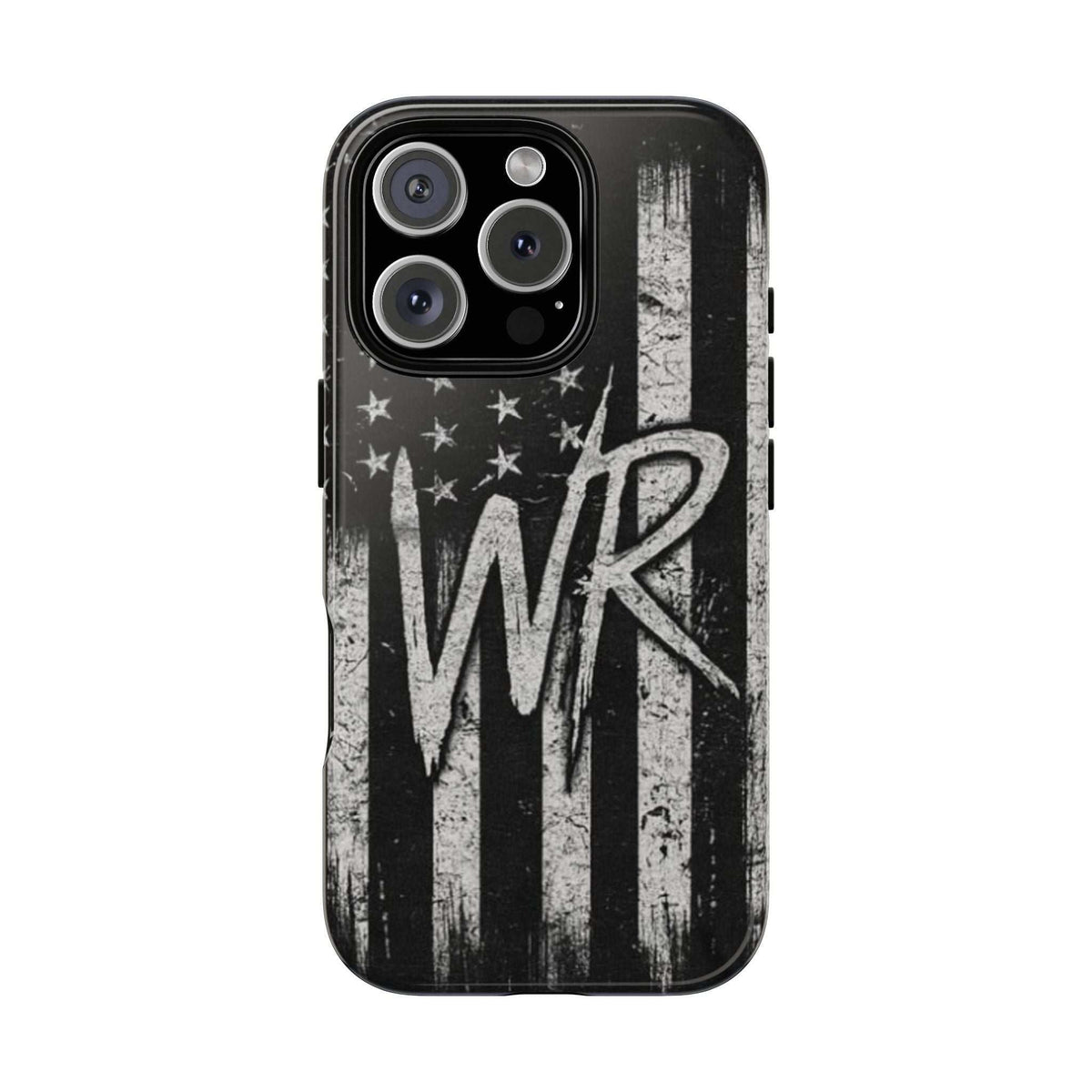 Distressed American flag design on a Patriotic Monogram Tough Phone Case featuring the letters WR by Printify.