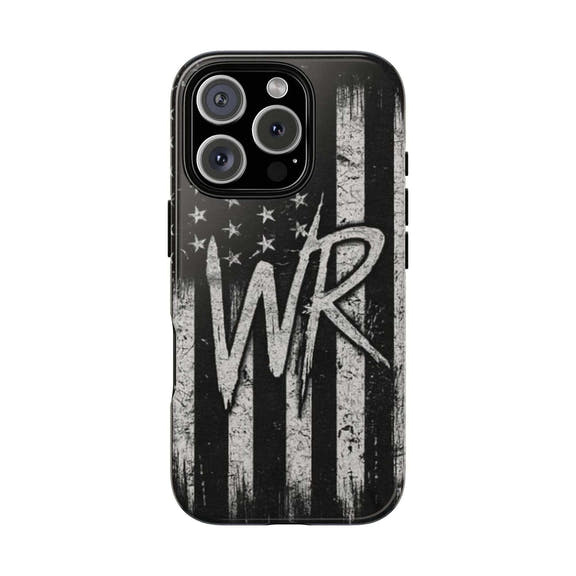 Distressed American flag design on a Patriotic Monogram Tough Phone Case featuring the letters WR by Printify.