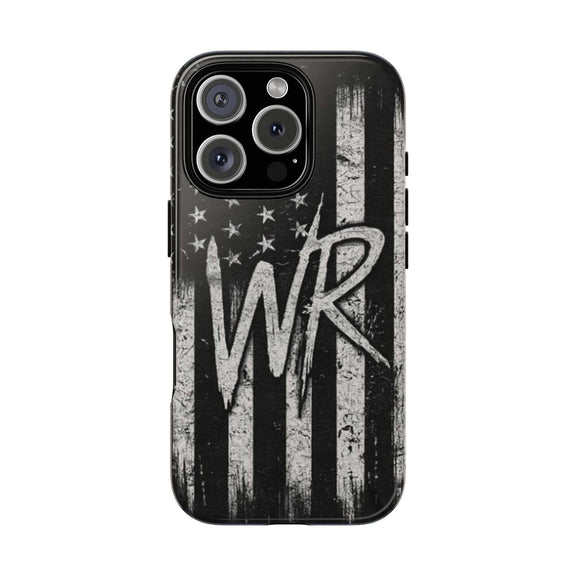 Distressed American flag design on a Patriotic Monogram Tough Phone Case featuring the letters WR by Printify.