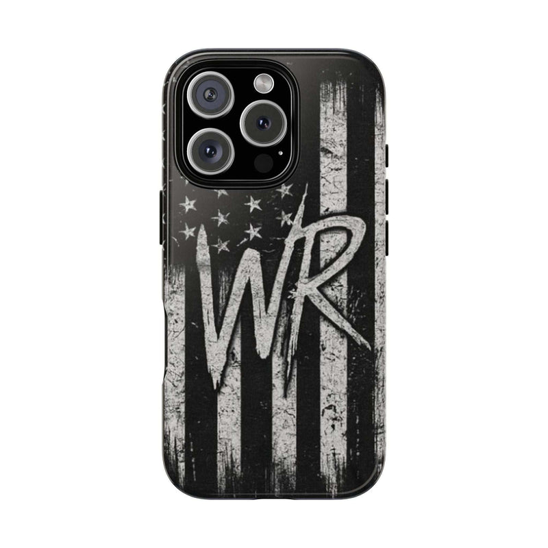 Distressed American flag design on a Patriotic Monogram Tough Phone Case featuring the letters WR by Printify.