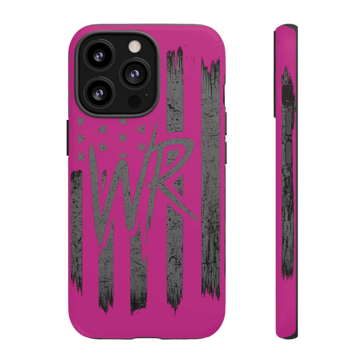 Pink 'WR' Flag Tough Phone Case by Printify with durable design and vibrant flag graphic on a sleek surface.