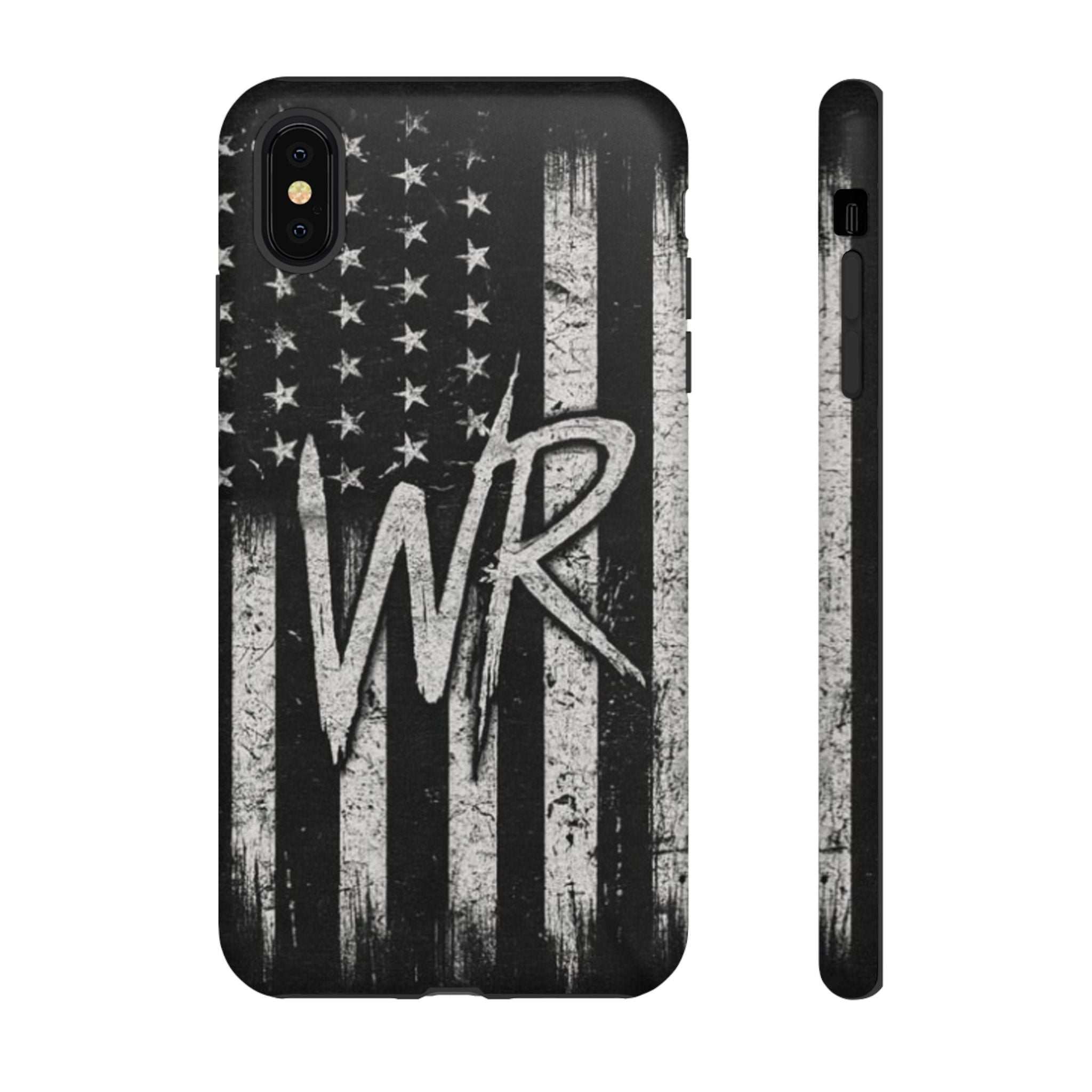 Distressed American flag phone case featuring a monogram WR, designed by Printify for tough protection.