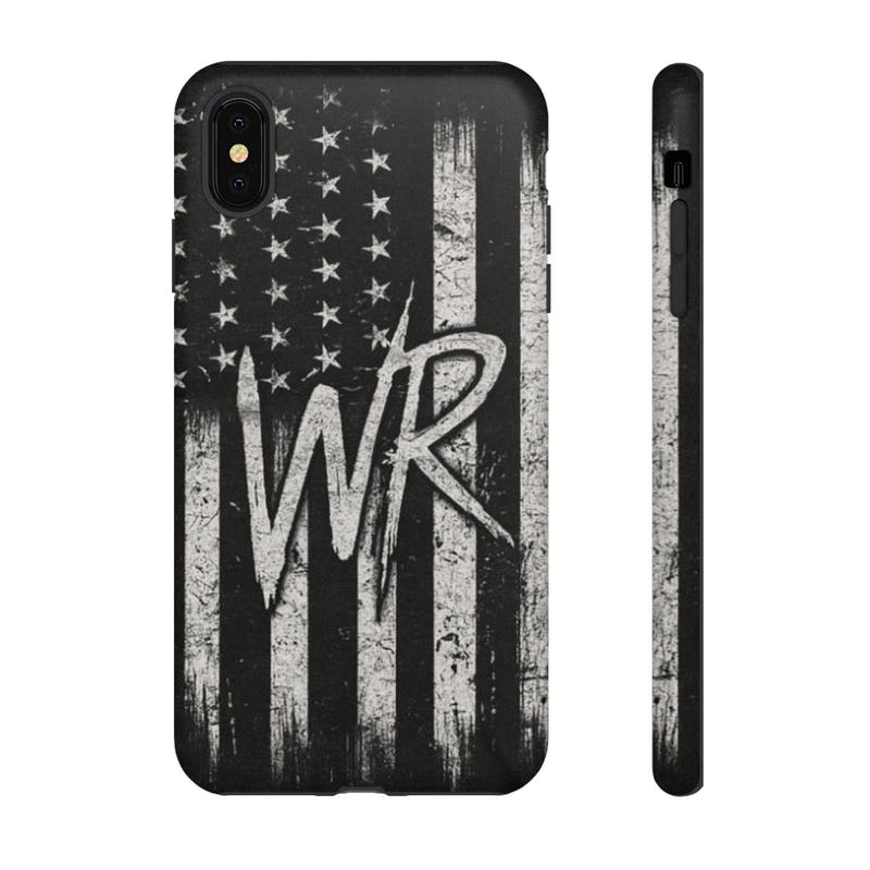 Distressed American flag phone case featuring a monogram WR, designed by Printify for tough protection.