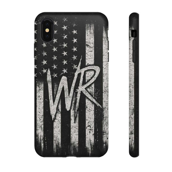 Distressed American flag phone case featuring a monogram WR, designed by Printify for tough protection.