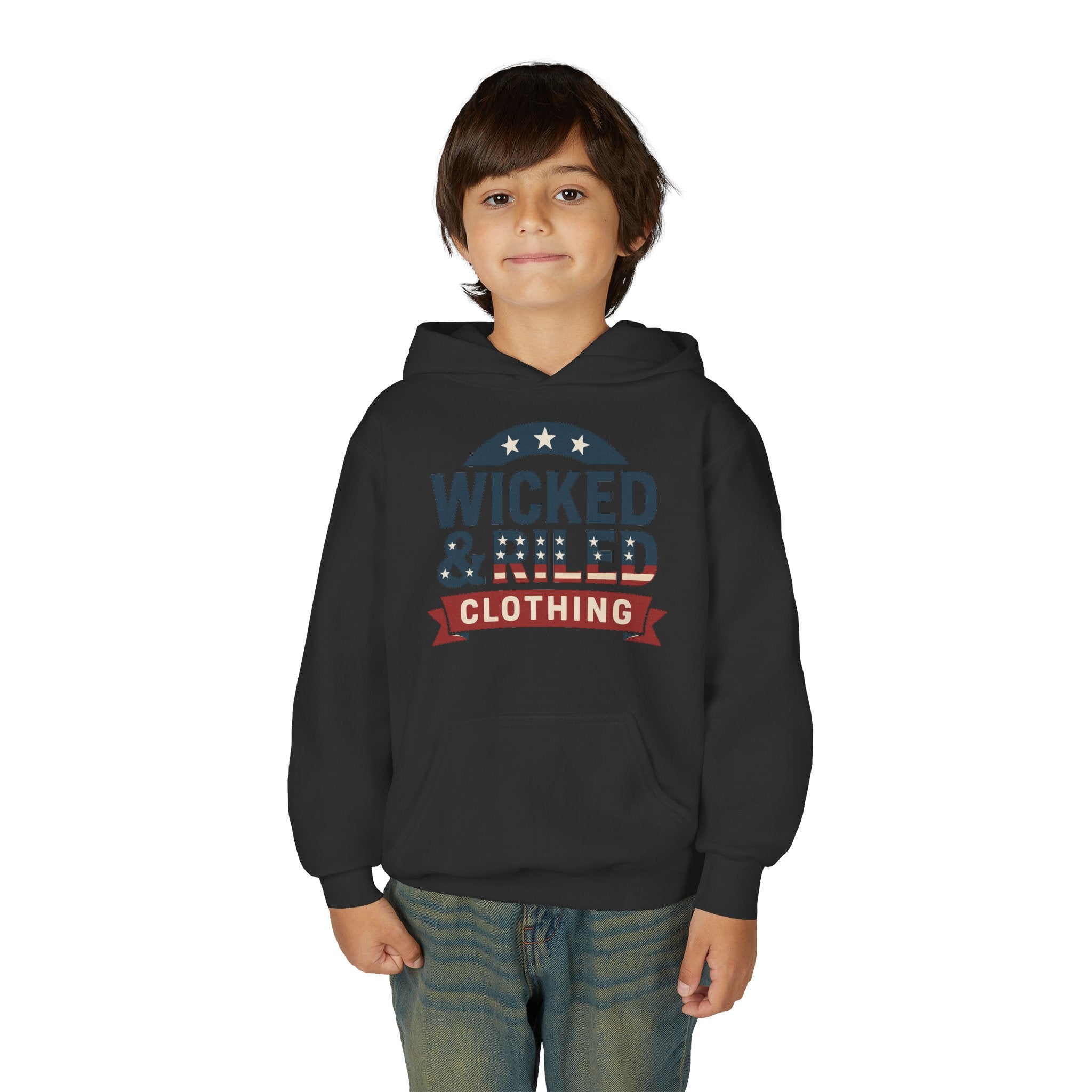 Wicked & Riled Youth Hoodie Patriotic Vintage Logo Sweatshirt