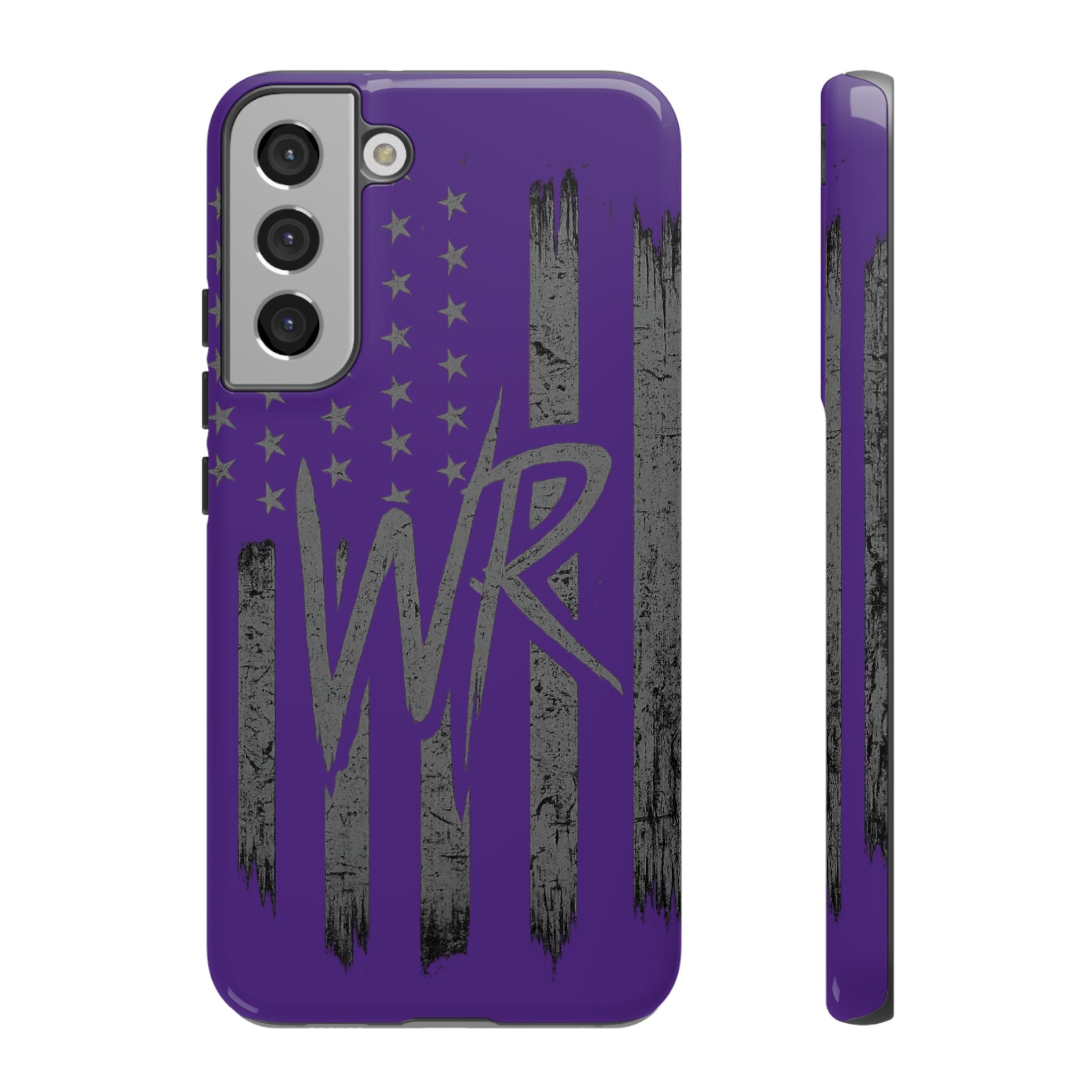Purple 'WR' flag tough phone case by Printify, featuring a durable design and vibrant colors for protection and style.