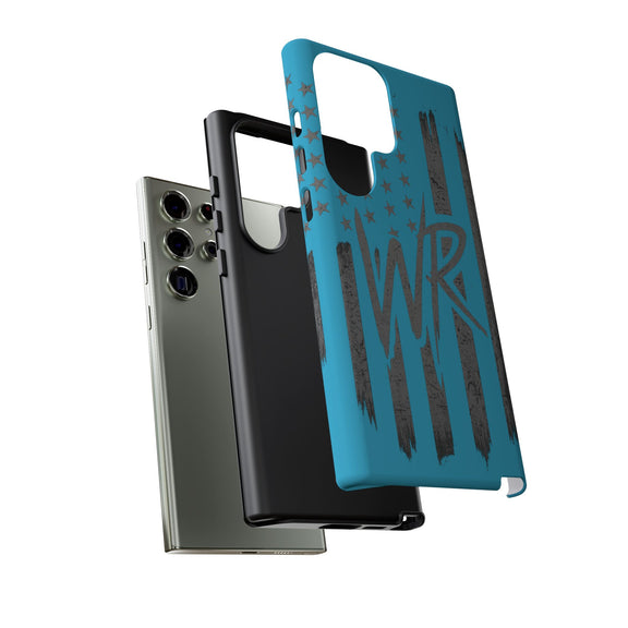 Patriotic blue 'WR' flag tough phone case by Printify with durable design and vibrant flag pattern.