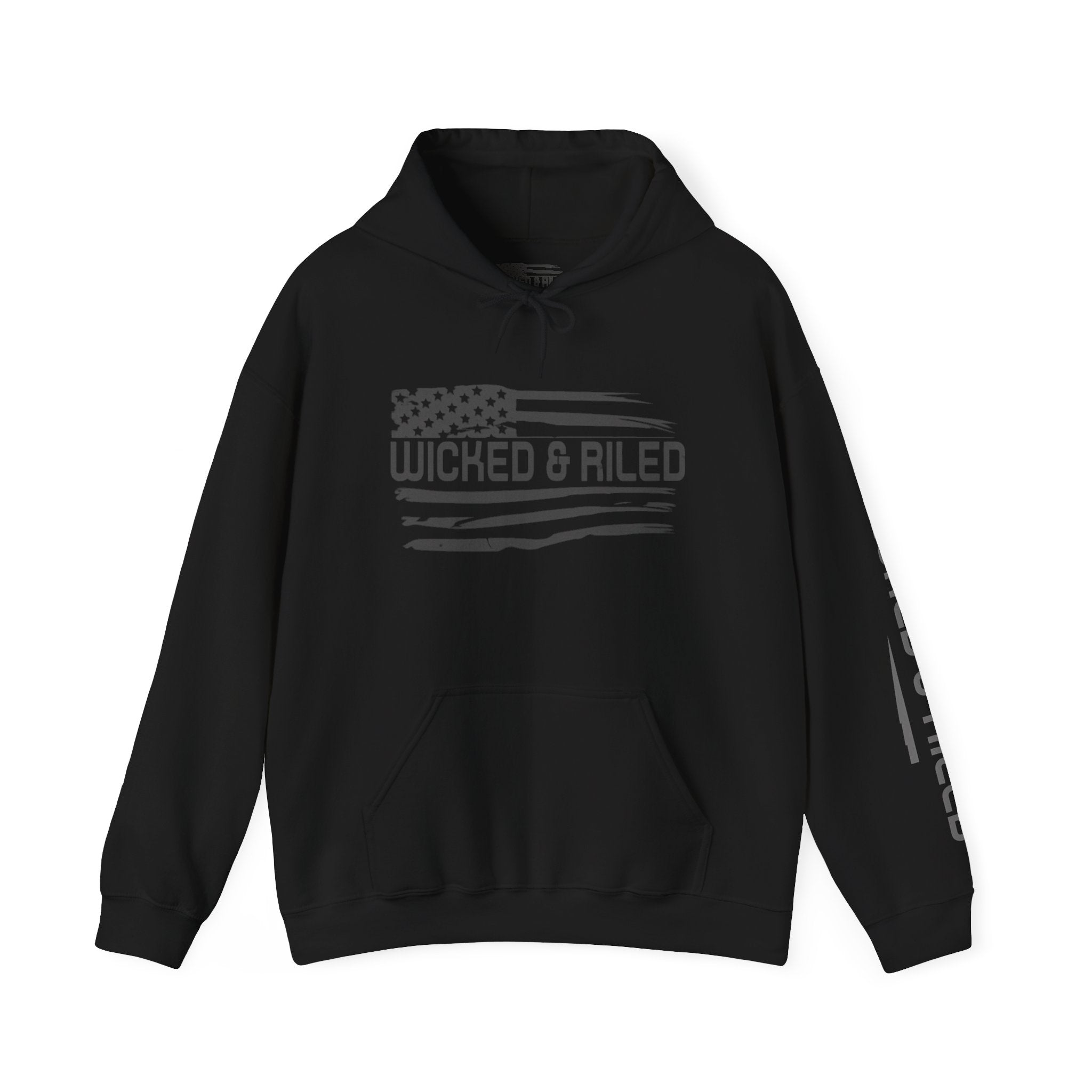 Wicked & Riled Flag Hoodie — Distressed American Logo Pullover