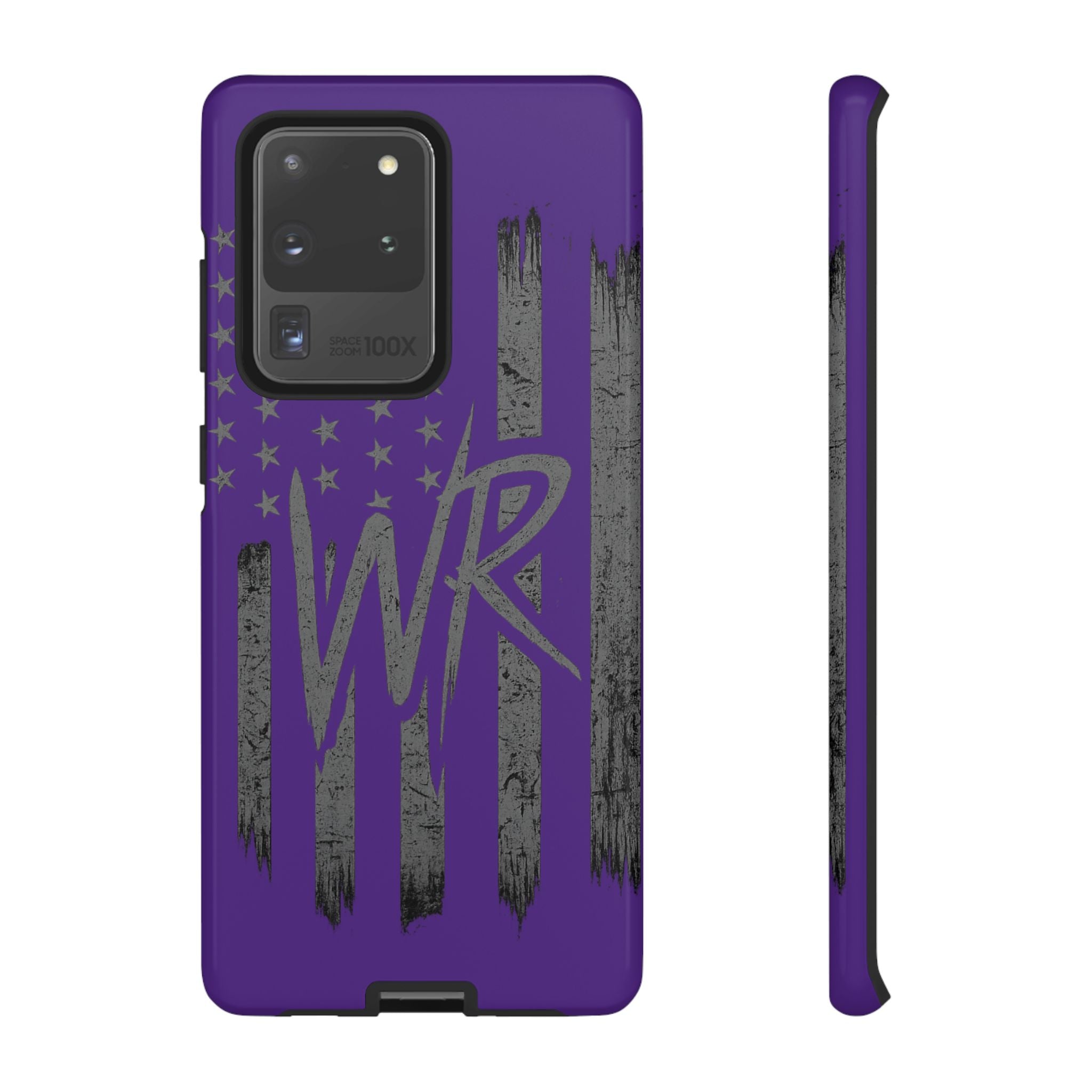 Purple 'WR' flag tough phone case by Printify, featuring durable design and vibrant colors for protection and style.
