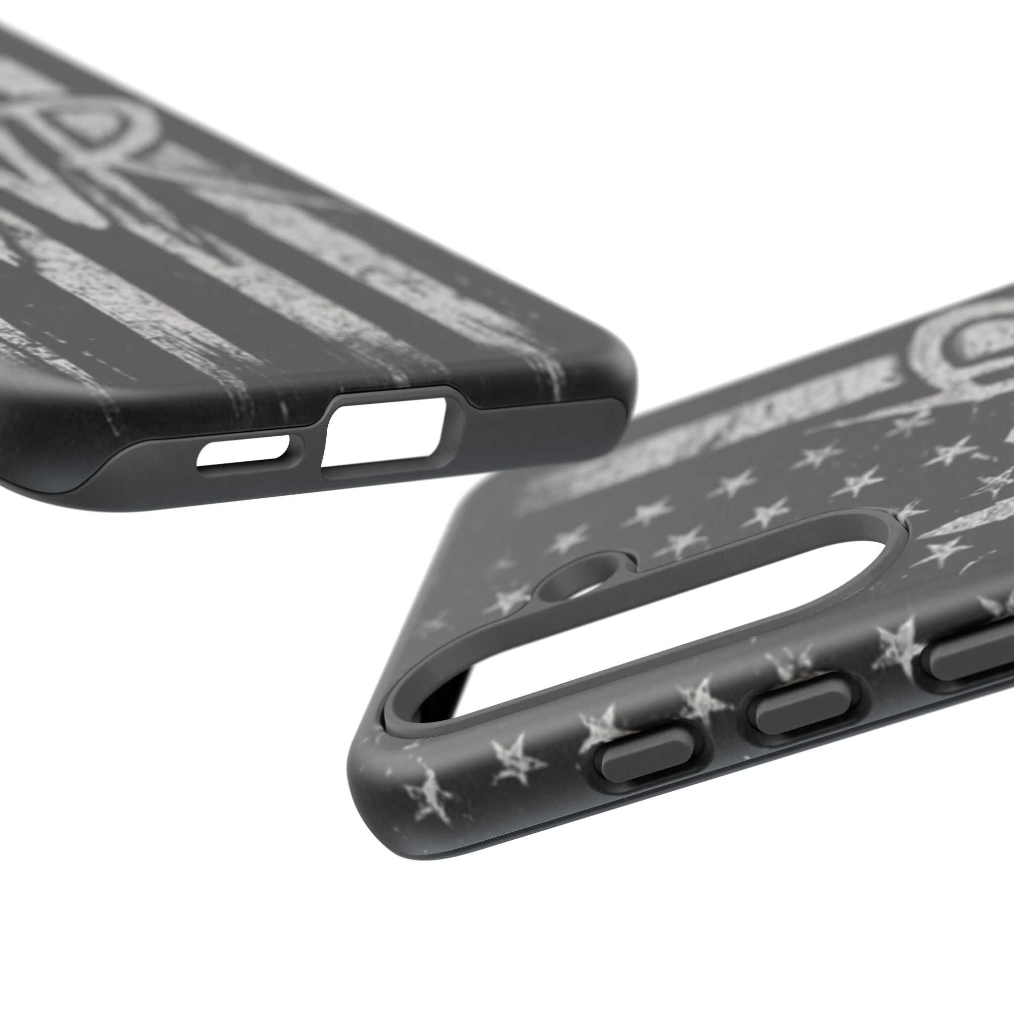 Patriotic monogram tough phone case featuring a distressed American flag design with the initials WR.